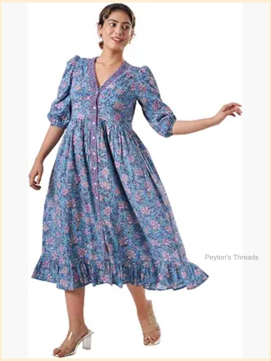 Dresses & Skirts - V-Neck Cotton Midi Dress with Pockets Handmade Boho Beach Dress